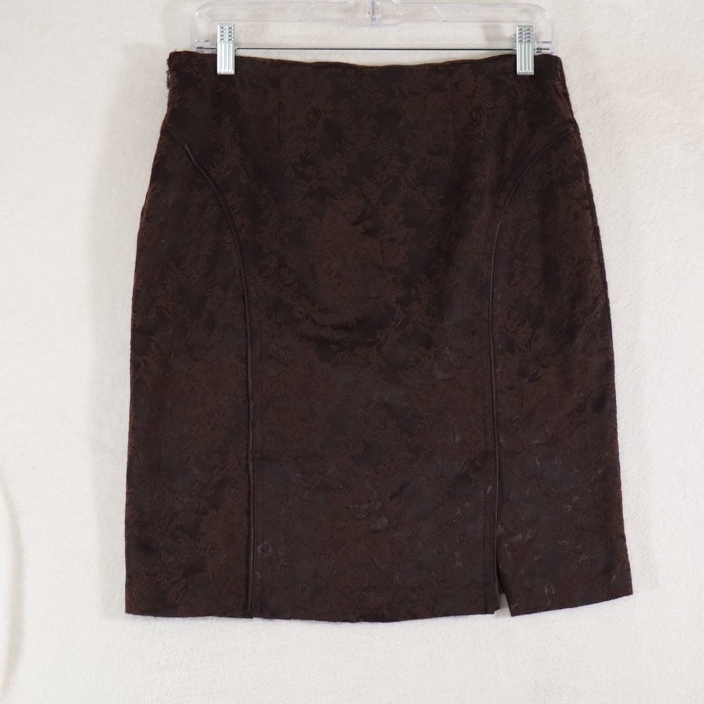 bebe Womens 6 Brown Floral Jacquard Pencil Skirt Side Zip Back Vent Made in USA - Picture 6 of 8